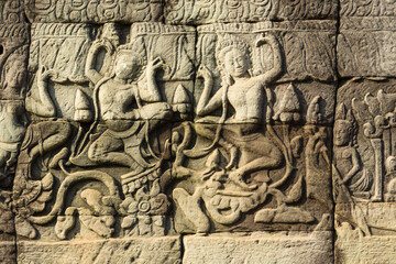 Fototapeta na wymiar Detail of bas relief in the Bayon, Angkor Thom, Siem Reap
