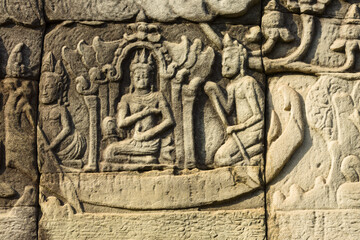 Detail of bas relief depicting the king in a boat on the Bayon, Angkor Thom, Siem Reap