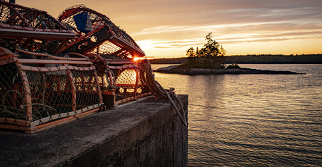 lobster pots during sunset