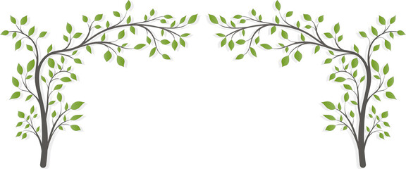 Two flowering trees with leaves in the form of an arch on a light background.