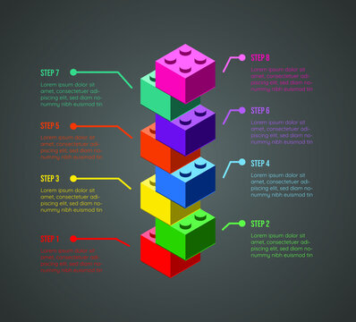 Colorful vector infographic with toy building blocks on a gray background. Eight step infographic.