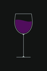 White outline vector illustration of a glass of wine on black background, a full glass of red wine, minimalist vector icon.