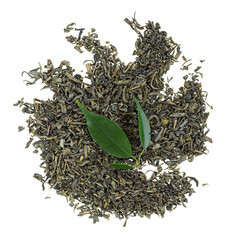 Dry green tea with fresh tea leaves isolated on a white background, top view.