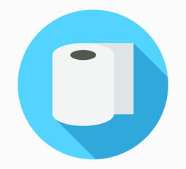 A flat vector icon of the toilet paper in a blue circle with a shadow.