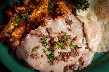 A mouth watering image of a chicken fried steak with gravy and eggs.