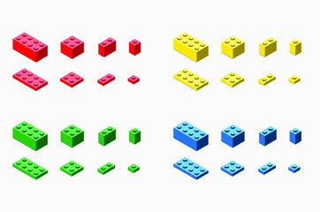 A vector illustration of toy bricks in red, yellow, blue, and green colors on white background.