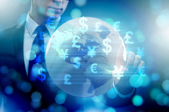 Global money transfer and exchange concept with businessman