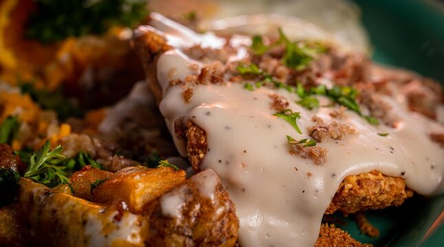 A mouth watering image of a chicken fried steak with gravy and eggs.