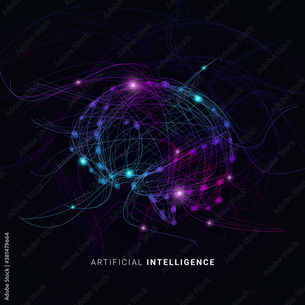 Poster artificial intelligence conceptual illustration with digital brain made of neural connections lines