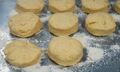 Fresh home made and hand made biscuits ready to go in the oven.