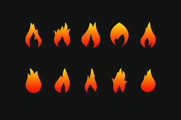 Fire icon set. Vector illustration. Flames in orange and yellow gradient on black background