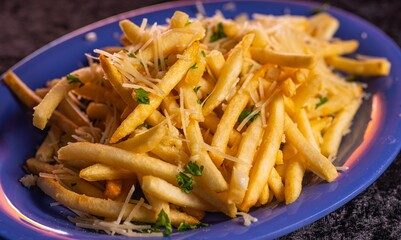Tasty delicious garlic fries, cooked to a golden brown crisp. 