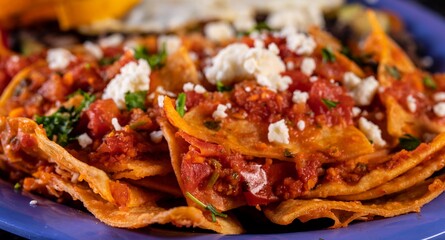 Image of chilaquiles. Closeup with fruit, vegetables, beans and eggs. 