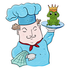 Chef with a dish. A frog on a tray. Vector Clip Art illustration.