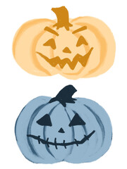 Halloween pumpkins with carved faces, evil crooked smile and stitched mouth. Spooky indigo blue and orange hand drawn clipart