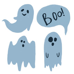 Halloween ghosts evil and friendly, boo speech bubble. Cute and spooky indigo blue hand drawn clipart - 381481242
