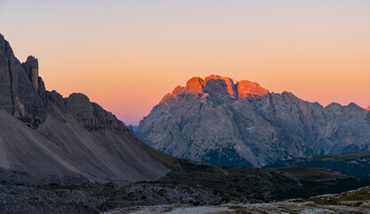 Sunrise in the Dolomites, beautiful colours and a chilled atmosphere early in the morning in South Tyrol, Italy