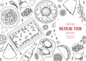 Mexican food top view frame. A set of classic mexican dishes with tacos, burrito, nachos, enchiladas poblano. Food menu design template. Vintage hand drawn sketch vector illustration. Mexican cuisine.