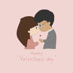 Kawaii Valentine'S Day. Lovely lovers girl and boy kissing on pink pastel background.Cute catoon a couple holding hand together with red heart. Vector illustration Romantic Greeting card.