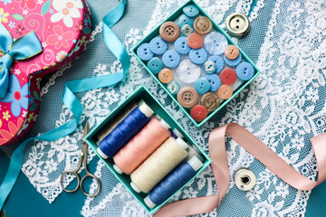 hobby. set for needlework. threads, lace, buttons and scissors