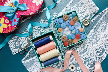 hobby. set for needlework. threads, lace, buttons and scissors