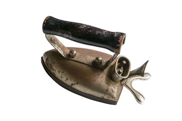 Top view of a vintage old rusty iron isolated in white background