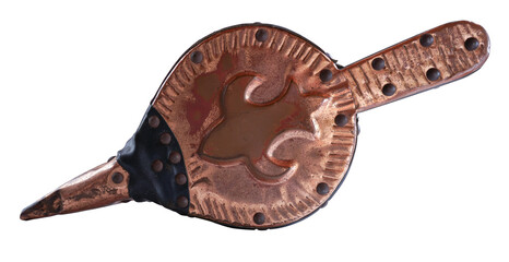 Old pair of leather and copper bellows with fleur de lis embossed, isolated on white background