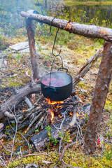 Beautiful campfire in a taiga forest in the wild. Survival in the forest. Cauldron over the fire....