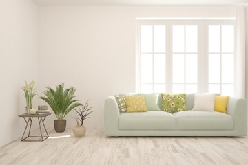 White living room with sofa. Scandinavian interior design. 3D illustration