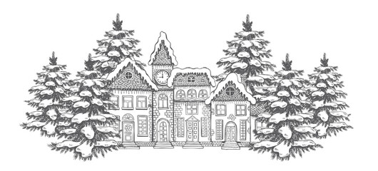 Christmas Greeting card. Illustration of houses. Set of hand drawn buildings.