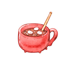 red mug with hot chocolate and marshmallow