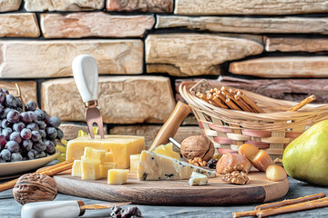 Cheese plate from different kind of cheese - Emmental, Homemade, Parmesan, blue cheese, bread sticks, walnuts, raisin, pear, grapes on a table