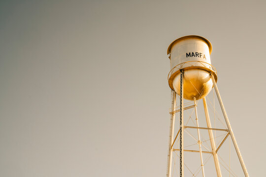 Gold water tower in Marfa, Texas