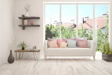 White living room with sofa and summer landscape in window. Scandinavian interior design. 3D illustration