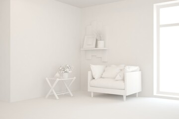Mock up of stylish room in white color with armchair. Scandinavian interior design. 3D illustration