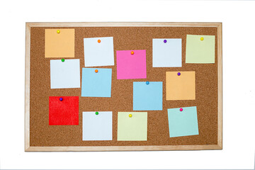 Concept of notes, goals, memo or action plan. Sticky notes on cork board in workplace office or home. Isolated on a white background. Copy space for text
