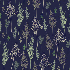Seamless pattern of different types of field herbs and branches. For paper, covers, fabric, gift wrapping, wall painting, decorative interior design. Vector design.