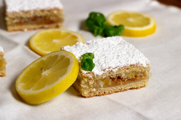 Homemade lemon pie with lemon slices alongside