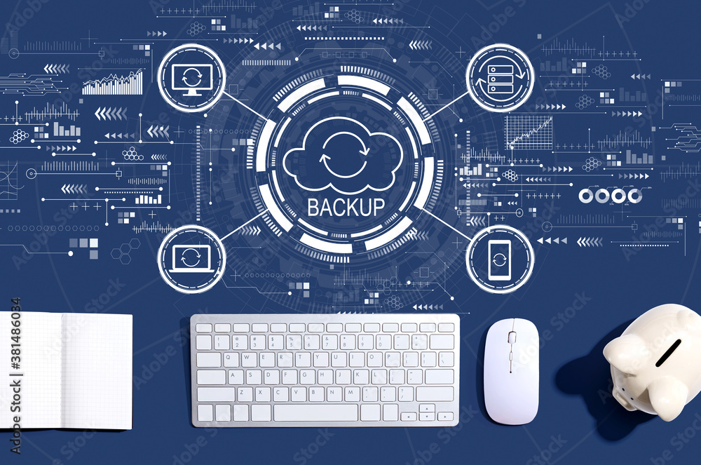 Aufkleber backup concept with a computer keyboard and a piggy bank