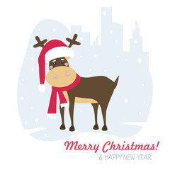Merry Christmas and New Year.  Deer wearing a red scarf and a Santa Claus hat with snowflakes in the winter cityscape. Vector illustration