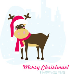 Merry Christmas and New Year.  Deer wearing a red scarf and a Santa Claus hat with snowflakes in the winter cityscape. Vector illustration
