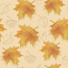 Seamless pattern of autumn maple leaves.  Simple cartoon flat style. For paper, cover, fabric, gift wrapping, wall art, interior decor.