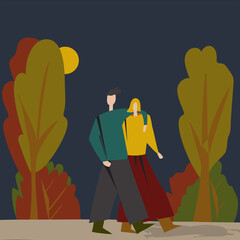 Obraz na płótnie Canvas A couple in love walks in the park. A man hugs a woman. The concept of love and family values. Autumn colours, vector illustration. Modern flat design. Vector illustration