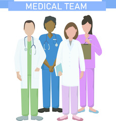 A team of doctors and nurses in uniform, hospital medical staff with stethoscopes in different positions.  The concept of medical care and assistance to people. Vector flat illustration.