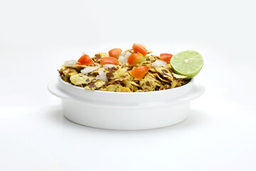 Indian snacks chana chor/jor garam in white bowl in white background.