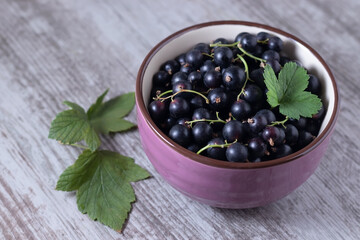 black currants in a bowl on a wooden table