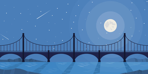 Vector and illustration of bridge cross river on nighttime with moon, star, meteor and clear sky in flat cartoon style
