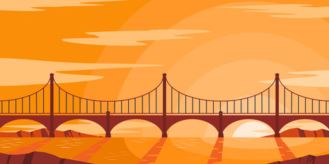 Vector and illustration of bridge cross river on sunset with clouds in flat cartoon style
