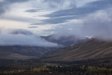 Aerial View of Scenic Road in Tombstone surrounded by Forest and Mountains on a Cloudy Morning....