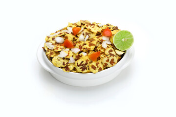 Indian snacks chana chor/jor garam in white bowl in white background.